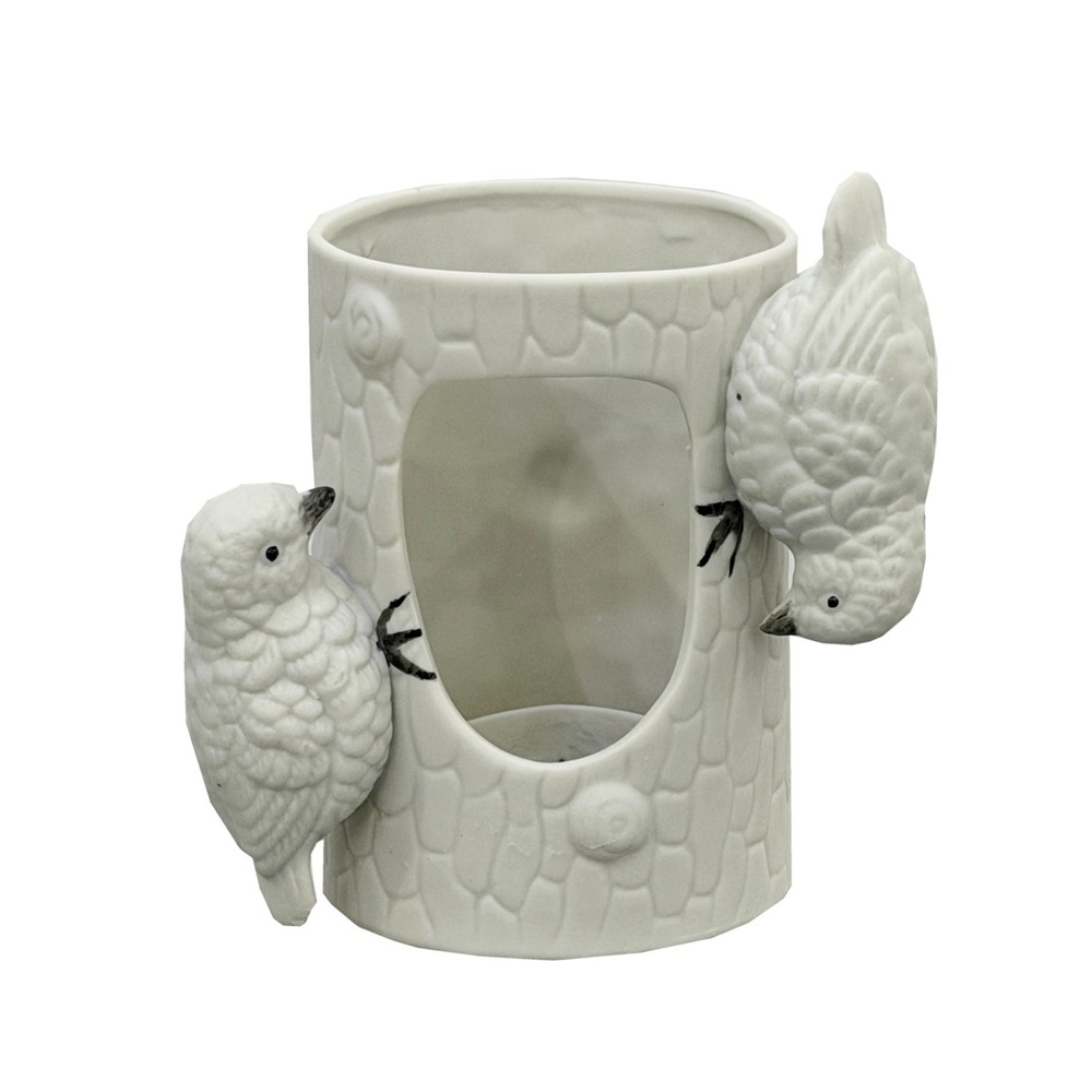 Vintage Birds On Tree Trunk Ceramic Tea Light Holder White 4.5" x 4.25"